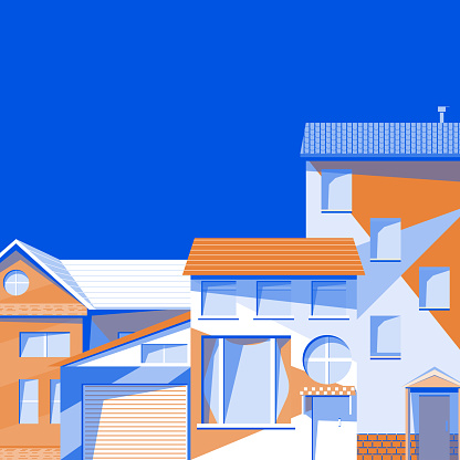 Simple vector illustration of a cityscape - Colorful houses with geometric patterns. Visual transformation of the city. Modern Art.