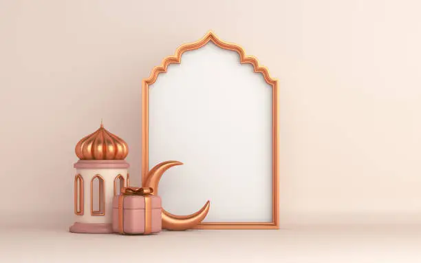 Photo of Islamic decoration background with empty arabic window frame, lantern, crescent, gift box, ramadan kareem, mawlid, iftar, isra  miraj, eid al fitr adha, muharram, copy space text, 3D illustration.
