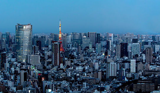 Tokyo Tower and Roppongi Hills Mori Tower as seen from Shibuya sky at dusk.