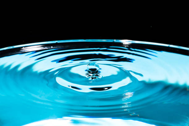 istock Clear Waterdrop with circular waves. Splashes closeup. Water splash and falling drop. Splash of the falling drops of water. Water drop on blue background. Blue water surface with splash. 1330056539