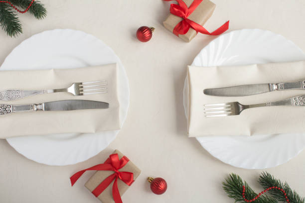 istock Christmas setting the table on the beige tablecloth. Top view. Close-up. 1330057318