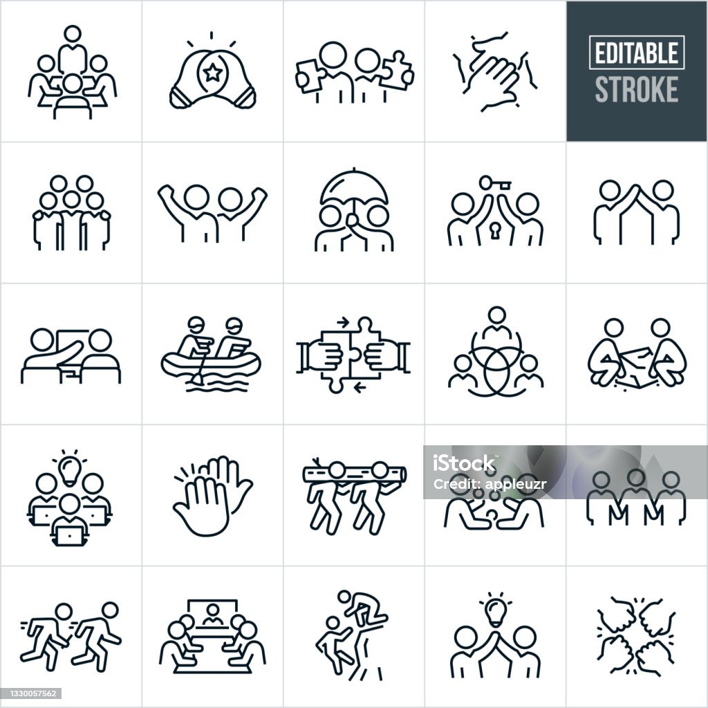 Teamwork Thin Line Icons - Editable Stroke A set of teamwork icons that include editable strokes or outlines using the EPS vector file. The icons include a business team collaborating in a conference room, two light bulbs overlapped to represent the sharing of ideas, two business people holding jigsaw puzzle pieces, hands in huddle, business team with arms around shoulders, two business people with hands raised in victory, business people holding up an umbrella, business people holding a key, business people working at computer together, hand putting two puzzle pieces together, business collaboration, people using teamwork to lift a stone, two people using teamwork to paddle oars on a raft, high five, two people carrying a log on their shoulders together, two people juggling together, business people holding hands, relay race, business people in a business meeting, person on top of cliff extending arm to a person below, two business people holding a light bulb aloft and hands doing a fist bump. Icon stock vector