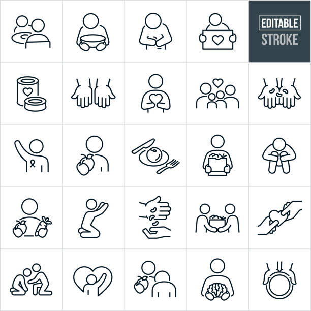Hunger Thin Line Icons - Editable Stroke A set of hunger icons that include editable strokes or outlines using the EPS vector file. The icons include a hungry child at a dining table without any food, hungry person holding empty bowl, hungry person holding a stomach ache, hungry person holding a sign, canned food, hands outstretched begging for food, family with food insecurity, beans in outstretched hands, person donating food, person giving an apple to a hungry person, food on a plate, person offering a bag of groceries, person feeding the hungry, person begging for food, person donating food to a hungry person and hands holding out an empty plate to name a few. malnourished stock illustrations