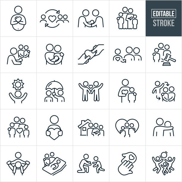 A set child adoption and foster care icons that include editable strokes or outlines using the EPS vector file. The icons include a pregnant woman who will be giving her child up for adoption, a biological mother, child being adopted by adoptive parents, a biological parent handing over a baby to the adoptive parent, family with adopted kids, couple getting a baby from his mother, couple with adopted baby in their arms, a gavel with an adoptive family to represent the legal aspects behind adoption, child with hopes of being adopted, parent with umbrella overhead of an adopted child, two foster kids waving, single mother with foster child, family with foster children, adopted child holding heart, adoptive family with heart in background, parent with arm around the shoulder of a foster child, adopted child getting a piggyback ride from parent, adoptive couple at the bedside of a pregnant woman who will be giving baby up for adoption, foster child running into the arms of an adoptive parent, hand with heart and family with adopted child playing together