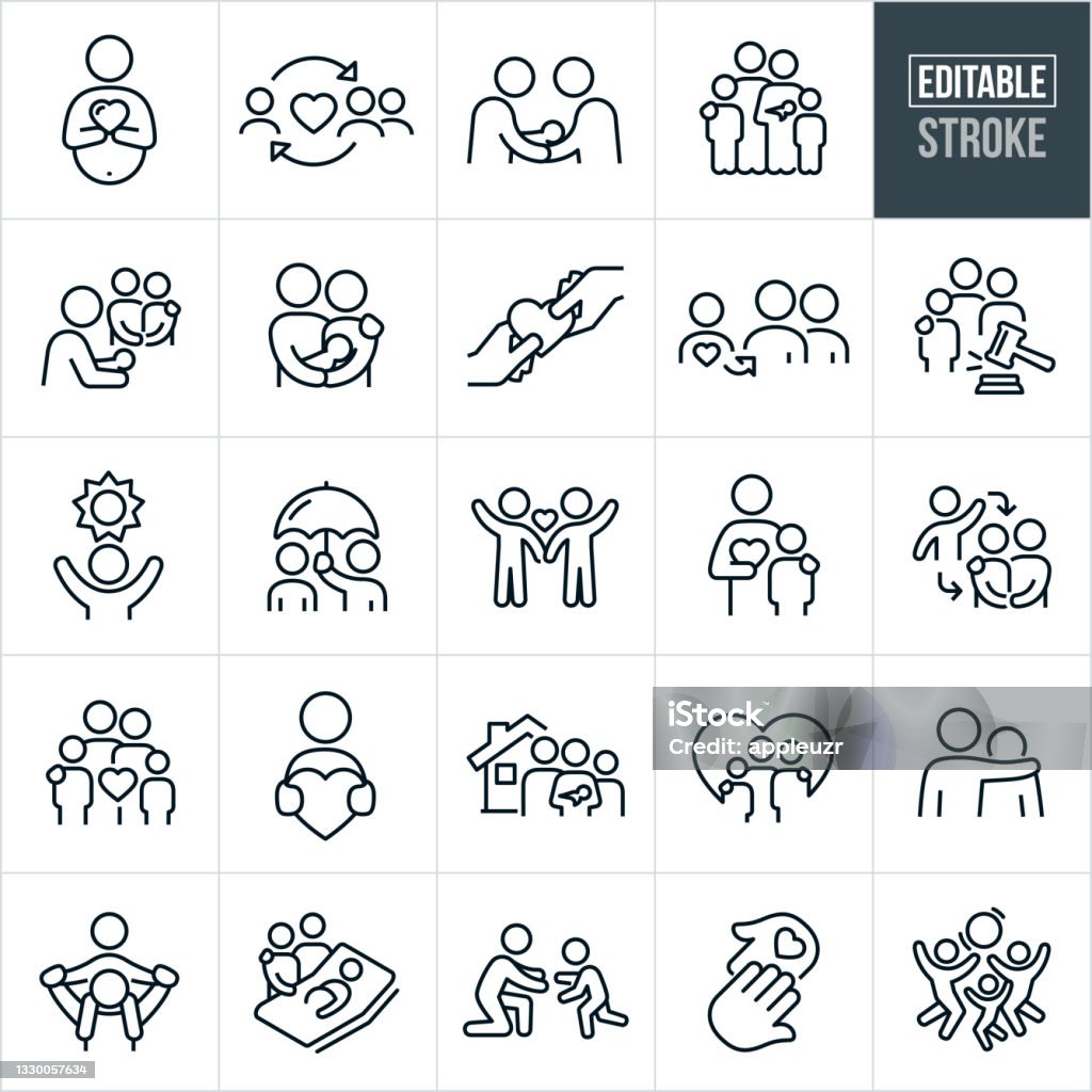 Adoption Thin Line Icons - Editable Stroke A set child adoption and foster care icons that include editable strokes or outlines using the EPS vector file. The icons include a pregnant woman who will be giving her child up for adoption, a biological mother, child being adopted by adoptive parents, a biological parent handing over a baby to the adoptive parent, family with adopted kids, couple getting a baby from his mother, couple with adopted baby in their arms, a gavel with an adoptive family to represent the legal aspects behind adoption, child with hopes of being adopted, parent with umbrella overhead of an adopted child, two foster kids waving, single mother with foster child, family with foster children, adopted child holding heart, adoptive family with heart in background, parent with arm around the shoulder of a foster child, adopted child getting a piggyback ride from parent, adoptive couple at the bedside of a pregnant woman who will be giving baby up for adoption, foster child running into the arms of an adoptive parent, hand with heart and family with adopted child playing together Family stock vector