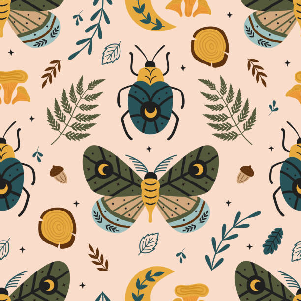 bezszwowy wzór magiczny las z motylem i robakiem - chestnut chestnut tree backgrounds seamless stock illustrations
