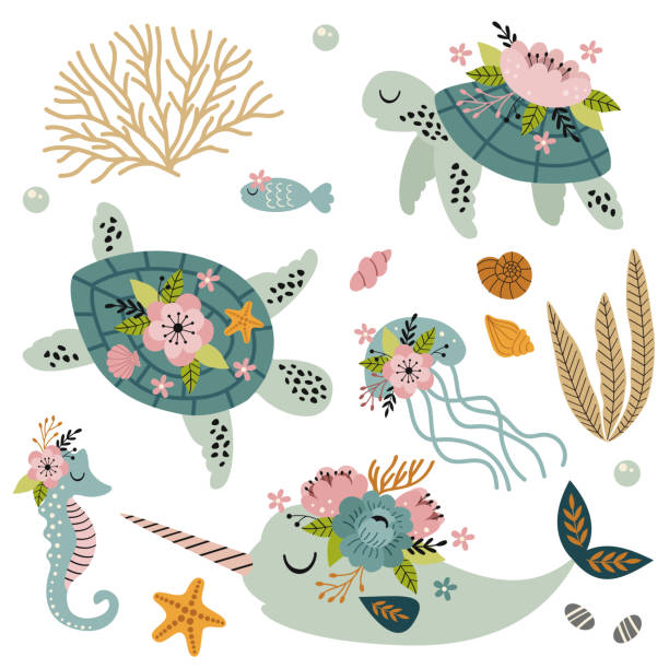 bildbanksillustrationer, clip art samt tecknat material och ikoner med set of isolated cute sea animals with flowers - baby swim under water