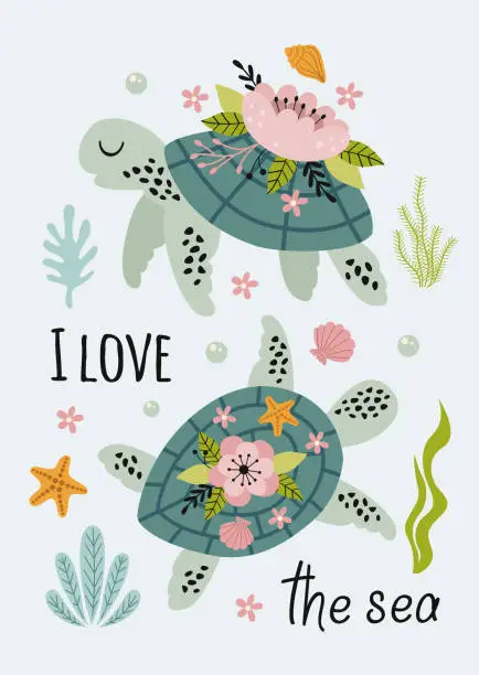 Vector illustration of beautiful marine poster with turtles