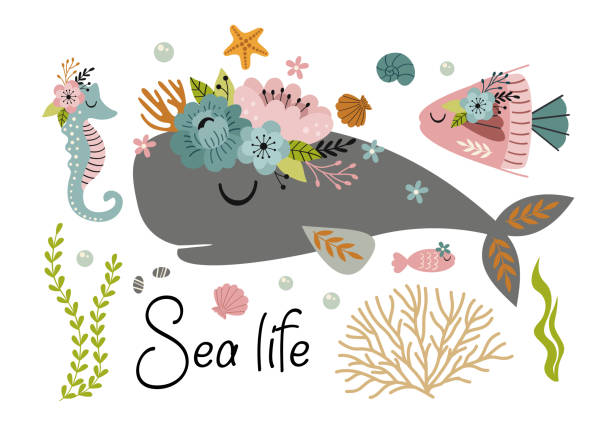 bildbanksillustrationer, clip art samt tecknat material och ikoner med beautiful marine poster with sperm whale,sea horse,fish - baby swim under water