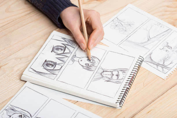 istock Artist drawing an anime comic book in a studio. 1330058899
