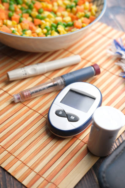 diabetic measurement tools and healthy food on table ,