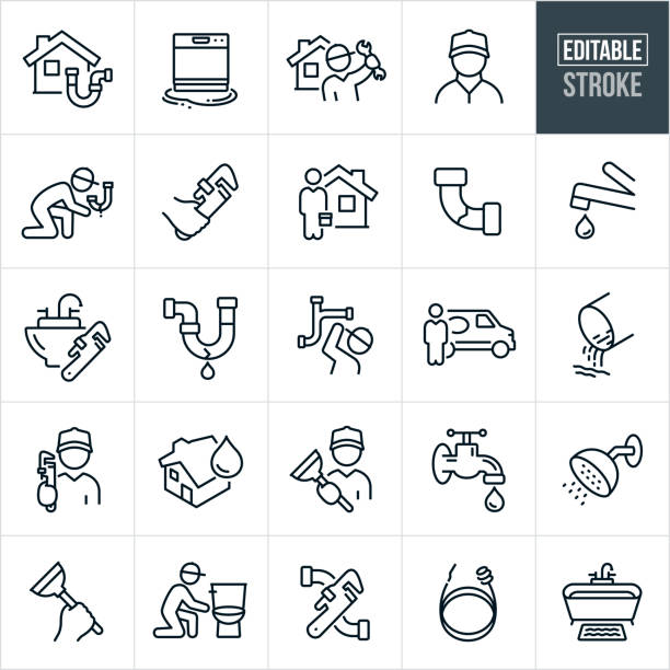Plumbing Thin Line Icons - Editable Stroke A set of plumbing icons that include editable strokes or outlines using the EPS vector file. The icons include plumbers, house with pipes, leaking dishwasher, plumber holding wrench, male plumber, handyman, plumber working on leaky faucet, hand holding pipe wrench, plumber with toolbox with home in the background, clogged pipe, leaky faucet, sink with pipe wrench, leaky pipe, plumber working on pipes, plumber standing near service van, plumber holding up pipe wrench, plumber holding plunger, water spigot, shower, bathtub, plumber working on toilet, plumbing tools, plumbing snake and other related icons. plumber stock illustrations
