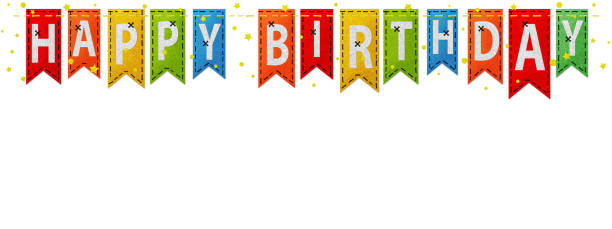 stitched happy birthday flags - realistic colorful felt 3d illustration - isolated on white background - 生日 圖片 個照片及圖片檔