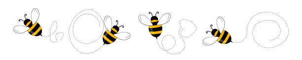 Set of cartoon bee mascot. A small bees flying on a dotted route. Wasp collection. Vector characters. Incest icon. Template design for invitation, cards. Doodle style Set of cartoon bee mascot. A small bees flying on a dotted route. Wasp collection. Vector characters. Incest icon. Template design for invitation, cards. Doodle style. bee clipart stock illustrations
