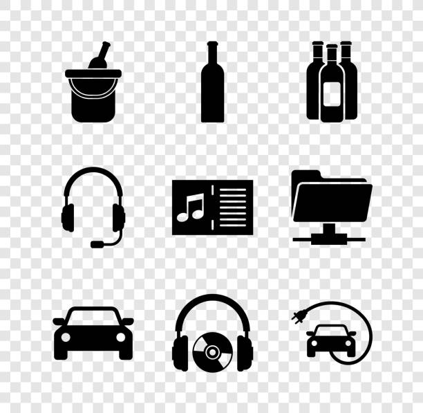 ilustrações de stock, clip art, desenhos animados e ícones de set bottle of wine in bucket, , bottles, car, headphones and cd or dvd and electric car icon. vector - cd instructions message dvd