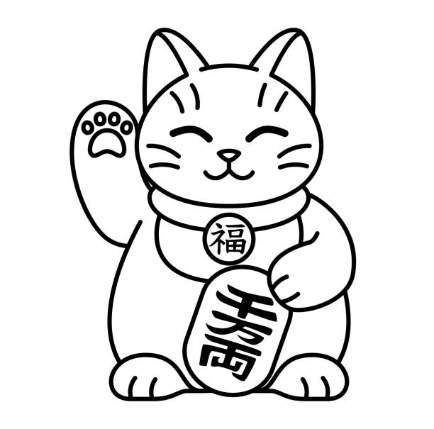 Isolated kawaii asian cat. Neko with one hand up Isolated kawaii asian cat. Neko with one hand up - Vector money cat stock illustrations