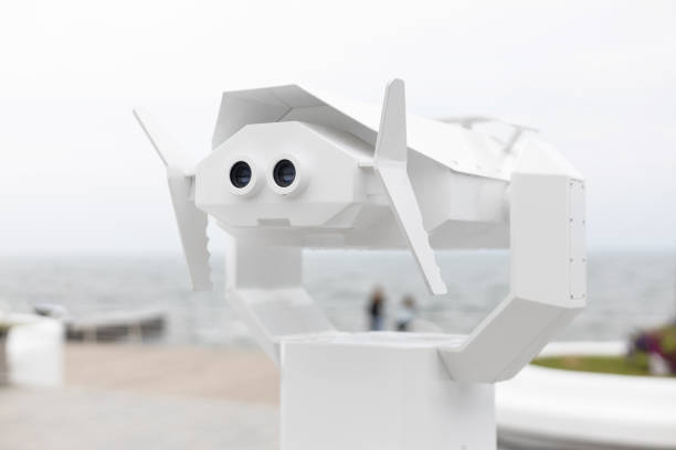 Journey white binoculars telescope on observation deck for tourist viewing sea attractions