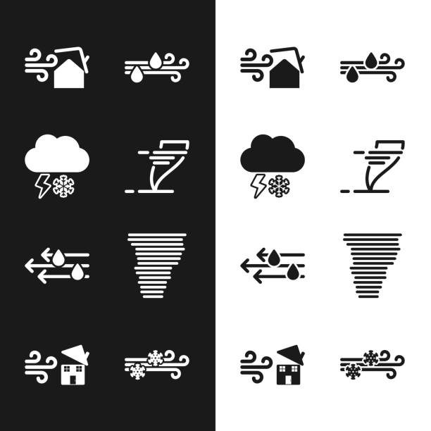 토네이도, 눈과 번개, 소용돌이, 바람 비, 아이콘구름을 설정합니다. 벡터 - lightning house storm rain stock illustrations