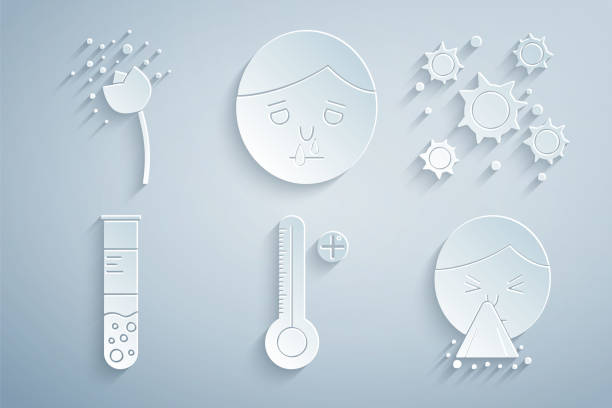 Set Medical digital thermometer, Bacteria, Test tube and flask, Handkerchief to his runny nose, Runny and Flower producing pollen icon. Vector Set Medical digital thermometer Bacteria Test tube and flask Handkerchief to his runny nose Runny and Flower producing pollen icon. Vector. vet lab test stock illustrations
