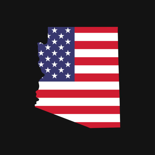 ilustraciones, imágenes clip art, dibujos animados e iconos de stock de mapa del estado de arizona con bandera nacional estadounidense sobre fondo negro - arizona map outline silhouette