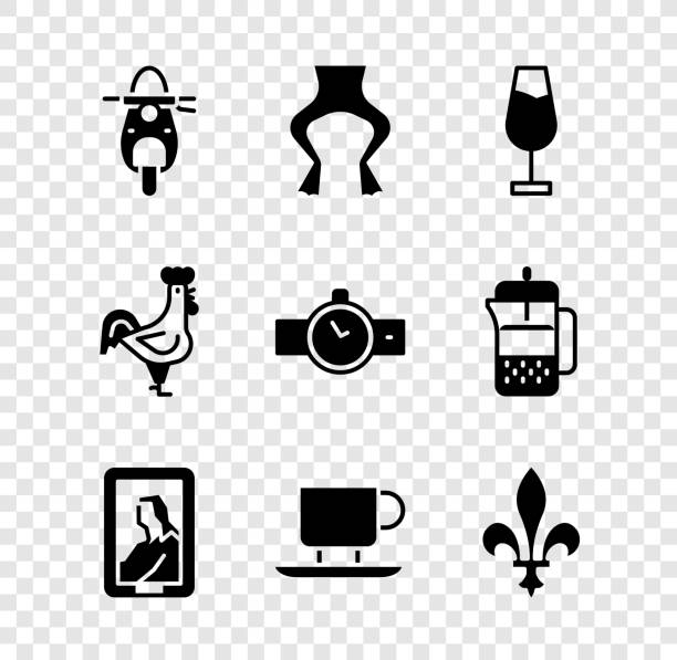 Set Scooter, Frog legs, Wine glass, Portrait museum, Coffee cup, Fleur De Lys, French rooster and Wrist watch icon. Vector Set Scooter Frog legs Wine glass Portrait museum Coffee cup Fleur De Lys French rooster and Wrist watch icon. Vector. delaware chicken stock illustrations