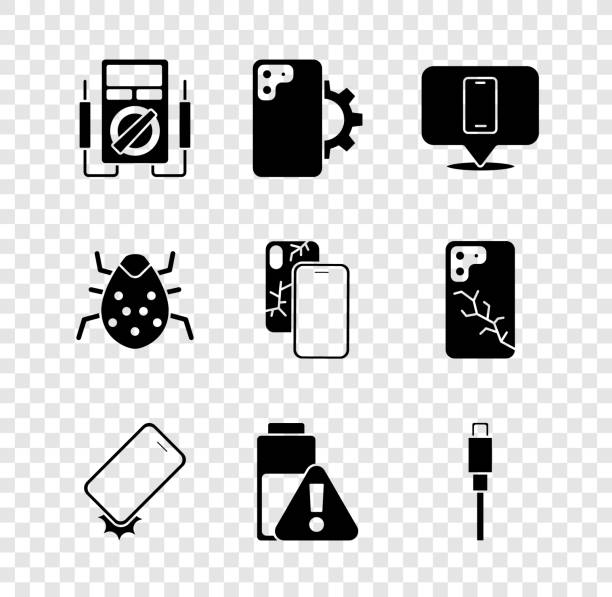 ilustrações, clipart, desenhos animados e ícones de definir multimetro, serviço de reparo de telefone, telefone à prova de choque, carga de bateria do smartphone, cabo usb, bug do sistema e celular com ícone de tela quebrado. vetor - usb cable cable black isolated