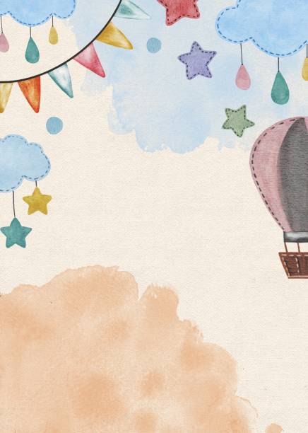 istock Hand drawing cute watercolor painting with children drawing balloon, stars, clouds, flags. Use for poster, print, card, baby shower, banner, scrapbooking, invitation, template, background 1330068174