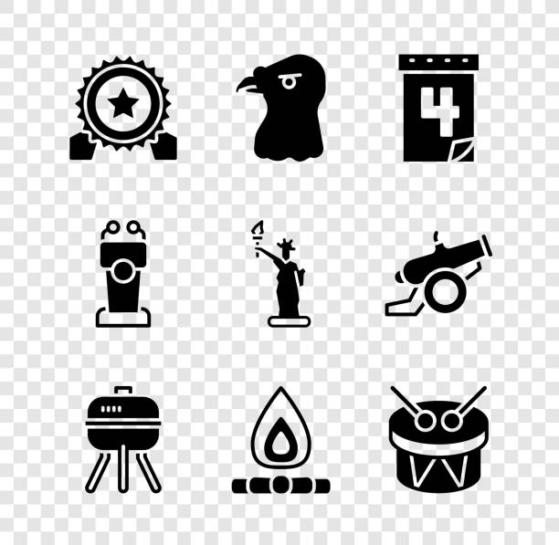 ilustraciones, imágenes clip art, dibujos animados e iconos de stock de set medal with star, eagle head, calendar date july 4, barbecue grill, campfire, drum and drum sticks, stage stand or tribune and statue of liberty icon. vector - statue liberty audio