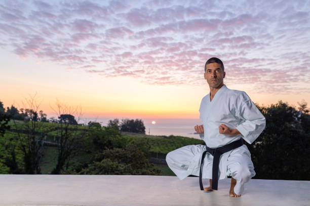 istock Caucasian man practicing karate in nature with a sunset in the sea 1330069249