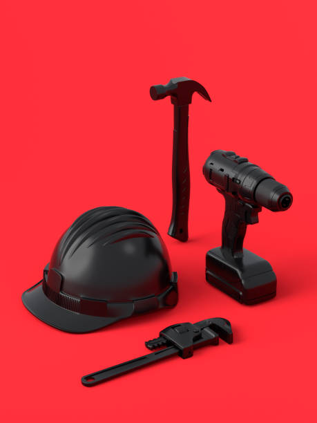 Isometric view of monochrome construction tools for repair and installation on red and black background. 3d rendering and illustration of service banner for house plumber or repairman