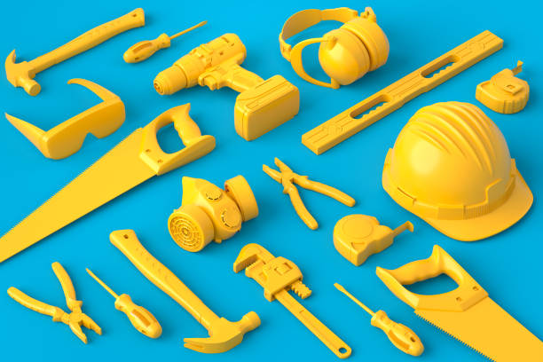 istock Isometric view of monochrome construction tools for repair on blue and yellow 1330070801