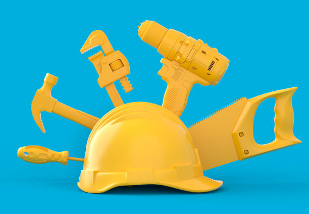 istock Isometric view of monochrome construction tools for repair on blue and yellow 1330070811