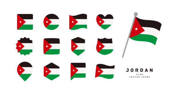 ilustrações, clipart, desenhos animados e ícones de ícone da bandeira da jordânia define ilustração vetorial - wadi rum illustrations