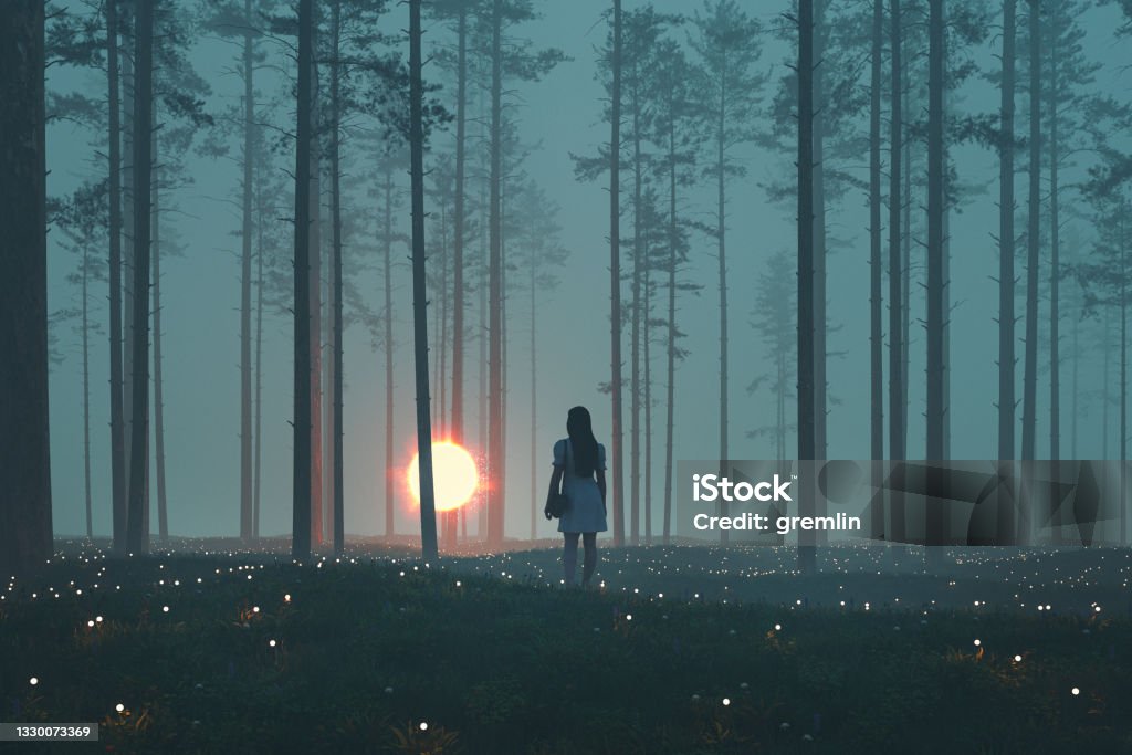 Woman with mystery glowing orb in the forest at night Woman with mystery glowing orb in the forest at night, 3D generated image. Surreal Stock Photo