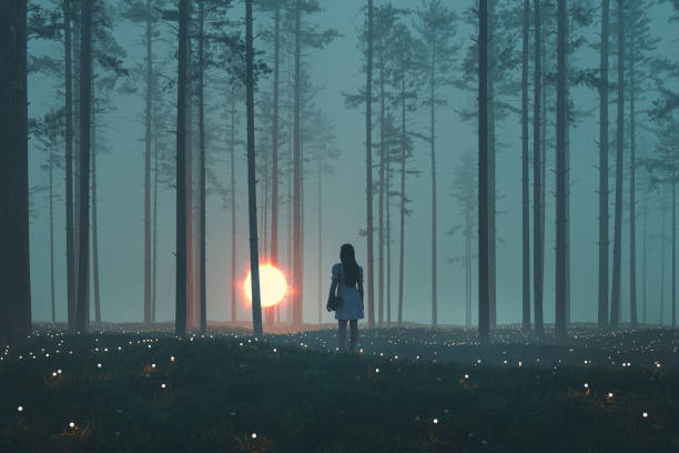 Woman with mystery glowing orb in the forest at night Woman with mystery glowing orb in the forest at night, 3D generated image. surreal fantasy stock pictures, royalty-free photos & images