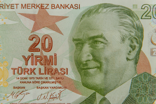 Macro shot of the twenty turkish lira banknote