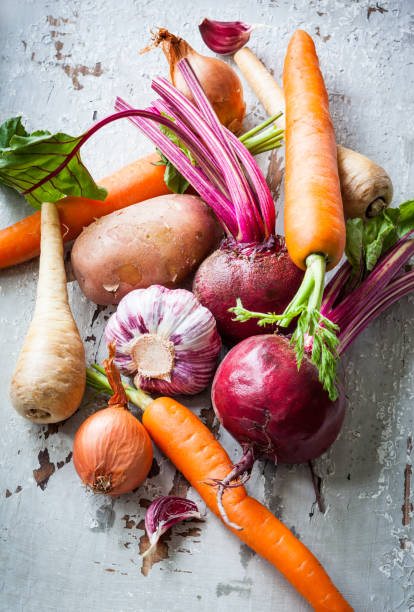 tipi assortiti di ortaggi a radice - food healthy eating carrot table foto e immagini stock