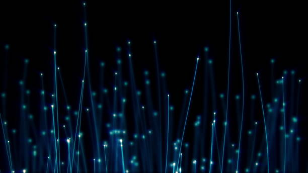 Optical fibers distributing light signals in abstract concept of nano technologies data transmission stock photo