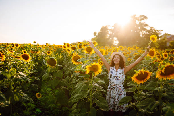 istock Young woman strolling through field with sunflowers at sunset. 1330087882