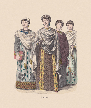 6th century, 1st half, Byzantine costumes: Entourage of Empress Theodora (c. 500 - 548, wife of Justinian I). Hand colored wood engraving, published ca. 1880.
