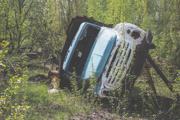 istock Upside-down Soviet truck. Abandoned car in Pripyat. Radiation Infected Technique 1330089211