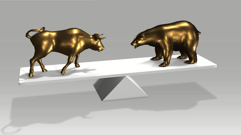 Wallstreet bull and bear market concept animation 3D stock video. Stock market up and down, finance risk trend investment business and money losing moving economic data