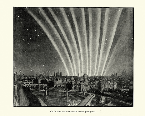 Vintage illustration from The end of the world. Part One, In the twenty-fifth century, Les Theories, La Menace Celeste. Celestial fan in  sky over a city, Victorian Science fiction