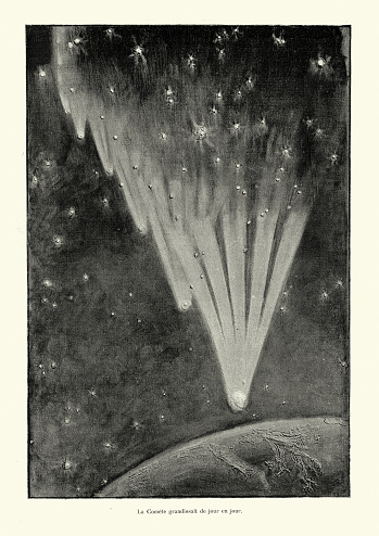 Vintage illustration from The end of the world. Part One, In the twenty-fifth century, Les Theories, La Menace Celeste. Comet heading towards a planet, Victorian futuristic apocalypse