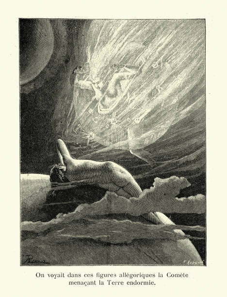 Vintage illustration from The end of the world. Part One, In the twenty-fifth century. La fin du monde. Premiere partie, Au vingt-cinquieme siecle, Les Theories, La Menace Celeste. On voyait dans ces figures allégoriques la Comète menaçant la Terre endormie.. We saw in these allegorical figures the Comet
threatening the sleeping Earth.  La Revue illustrée, 1890s