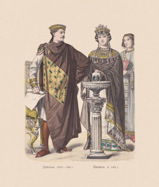 비잔틴 황제 유스티니아누스��와 테오도라, 수작업색 나무 조각, 출판 c.1880 - justinian stock illustrations