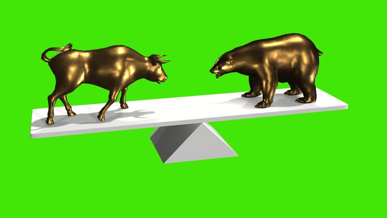 Wallstreet bull and bear market concept animation 3D greenbox chroma key stock video. Stock market up and down, finance risk trend investment business and money losing moving economic data