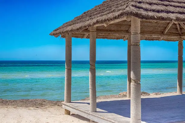 Seascape. Beautiful views of the Mediterranean coast with birch water, white sand beach and bungalows on the shore and a green palm tree. Djerba Island, Tunisia