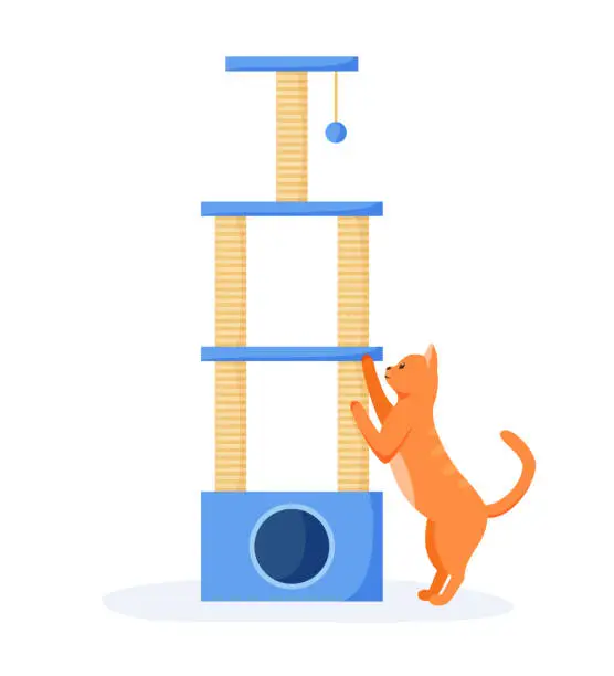 Vector illustration of Cat tree or house with scratching posts. Cute red cat interested in cat tower, Cats playground