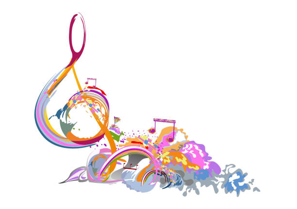 istock Abstract musical design with a treble clef and colorful splashes, notes and waves. 1330094911